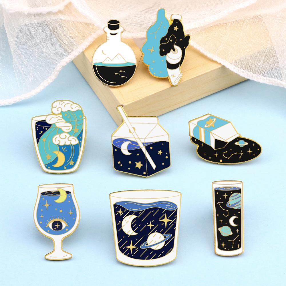 Iridescent Starry Sky Enamel Brooch: Cartoon Lapel Pin in Test Tube, Wine Glass, and Milk Shapes for Men & Women