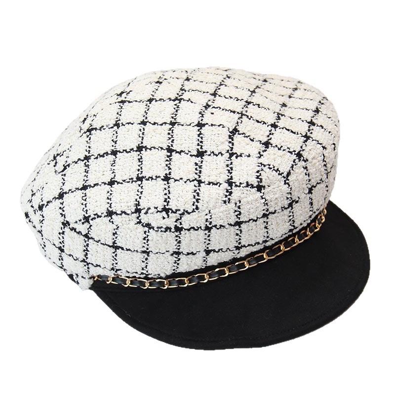 Small fragrant plaid soft brim octagonal hat children autumn and winter elegant fashion versatile metal chain decorative beret