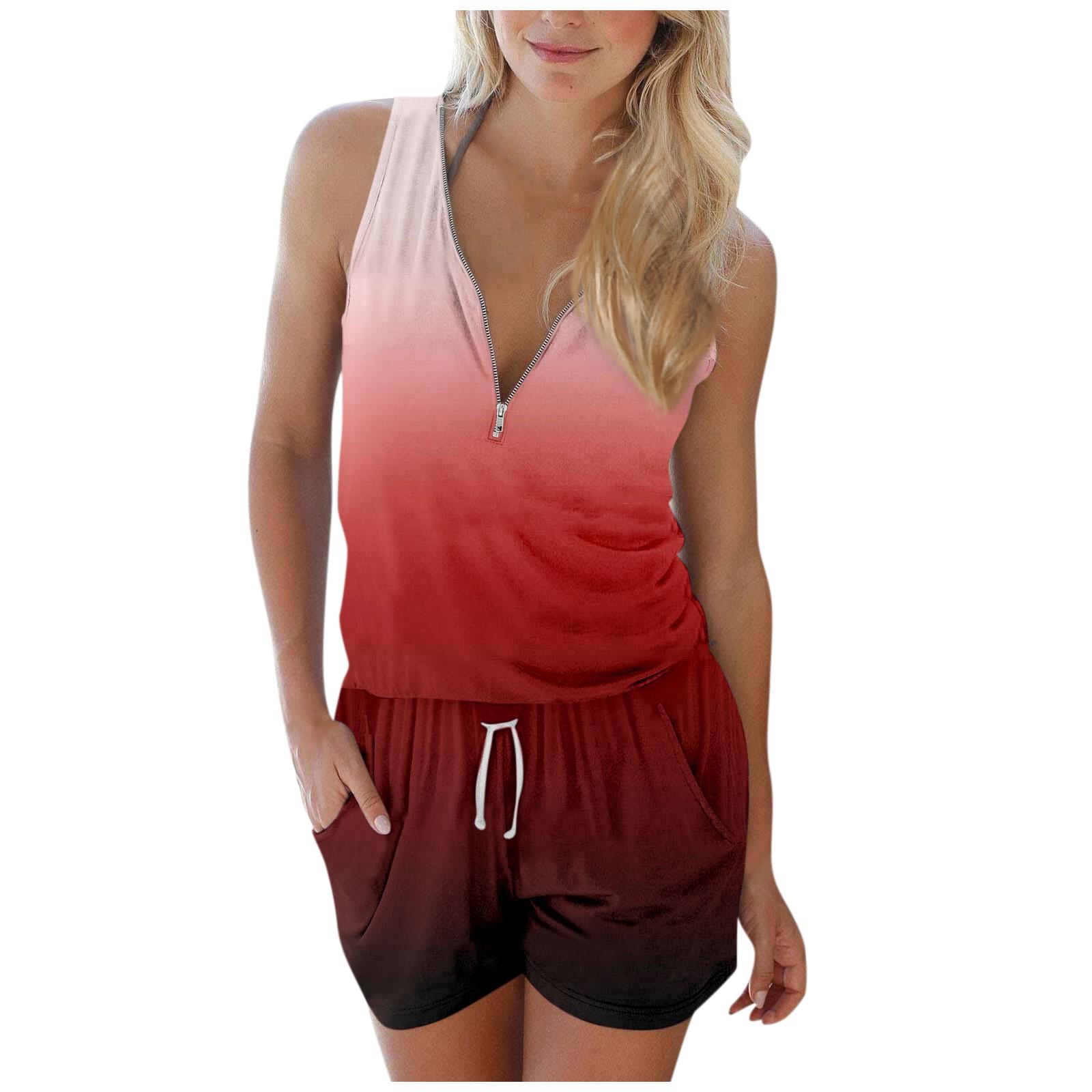 

(SU)Женский модный повседневный комбинезон без рукавов с градиентной полоской и шнуровкой