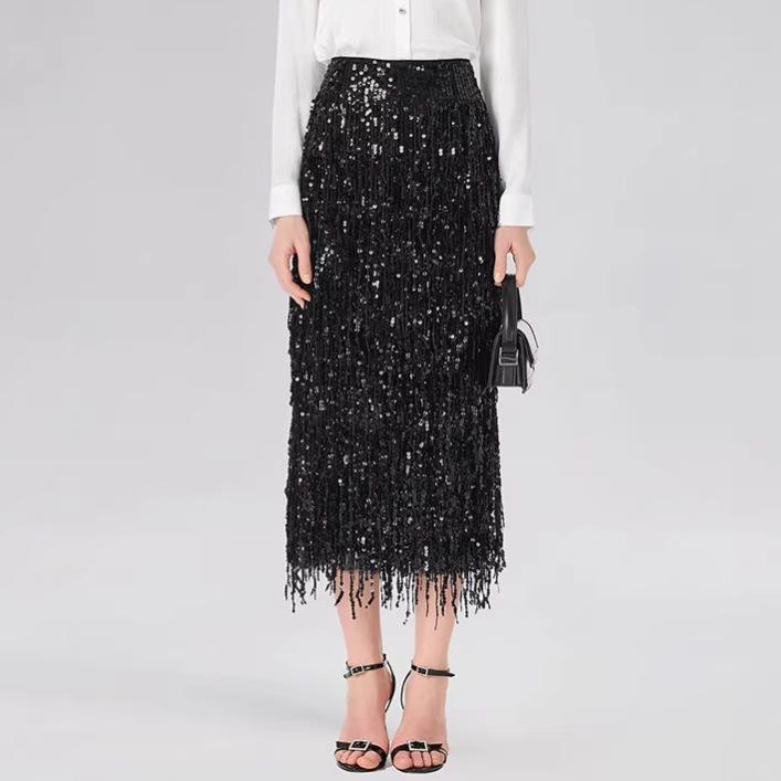 Women's Tassel Sequin Pencil Skirt with Slit - Solid Color, European & American Style