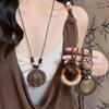 Ethnic Style Handmade Leaf Round Wood Necklace Women's Literary and Retro Long Sweater Chain Cotton and Linen Clothing Small Accessories Pendant