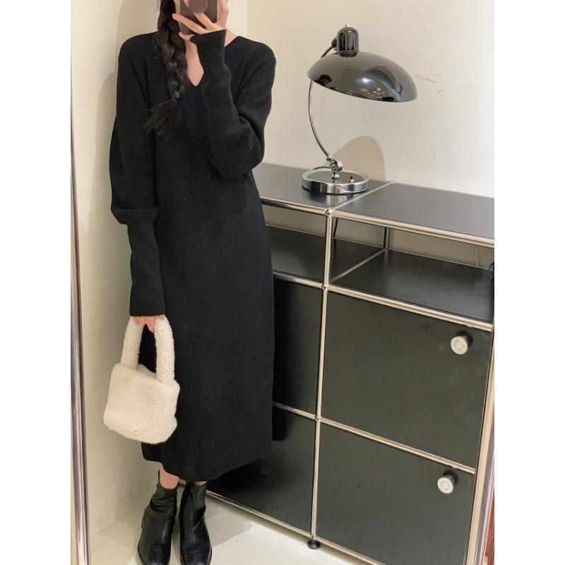 

Однотонное простое платье-свитер длинное женское осенне-зимнее новое свободное и тонкое вязаное платье one size fits all чёрный