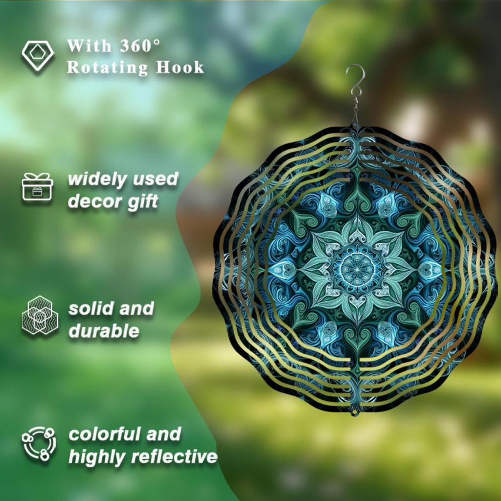 Vibrant Blue Green Geometric Wind Chime 10 Inch Outdoor Metal Garden Sculpture with Intricate Patterns Ideal for Spring Summer Fall Winter Decor
