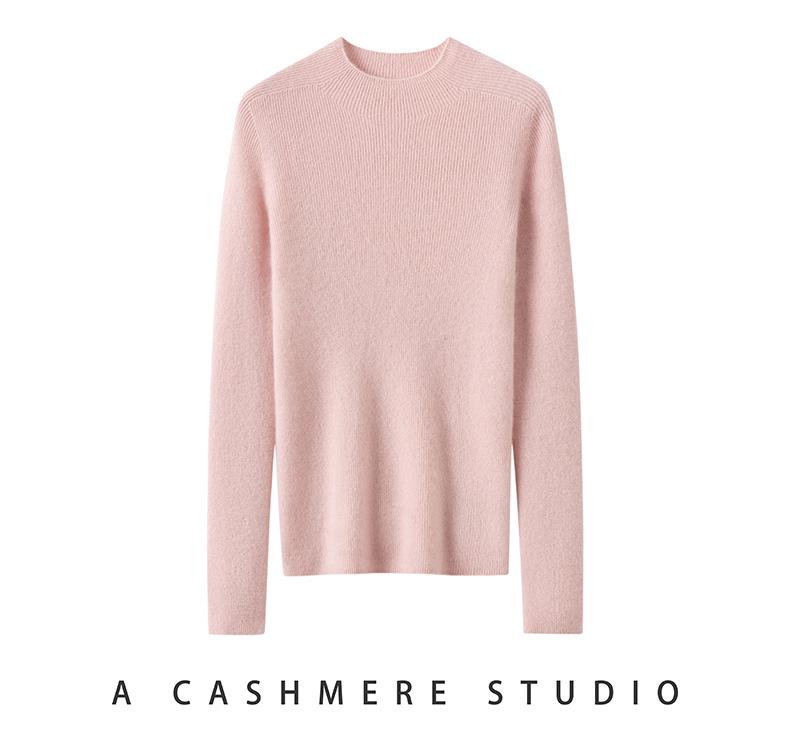Women's Cashmere Seamless Knit Long Sleeve Sweater, Half-High Neck.