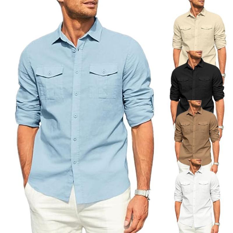 Men's Shirt with Double Pockets Cotton Linen Long Sleeved Shirt Casual Vacation Shirt