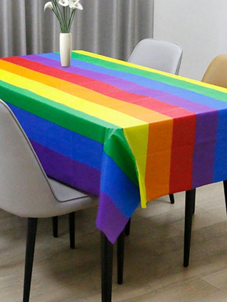 1pc Rainbow tablecloth 108-inch, plastic, waterproof and oil-proof wash free, home decor, birthday party, outdoor tablecloth