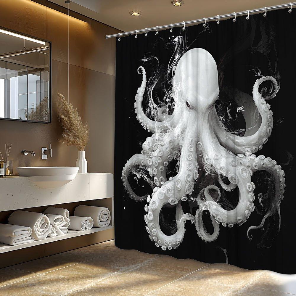 1 Ultra-realistic White Octopus Face Shower Curtain, Made of Polyester Fabric, Measures 70x70 Inches and Includes 12 Hooks.