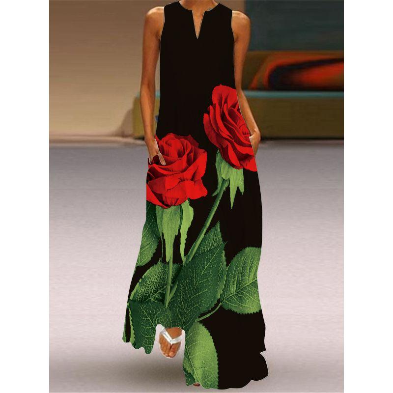 3D Three-Dimensional Print Dress Red Flower Tall Sleeveless Dress Beach Travel Photo Beach Dress
