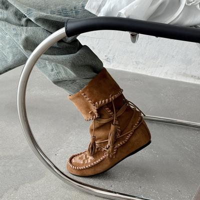 Cowhide Version~ Inner Height Increase Retro Fringed Strap Western Boots Women's Leather Woven Medium Tube Stacking Boots Ruffled Women's Boots