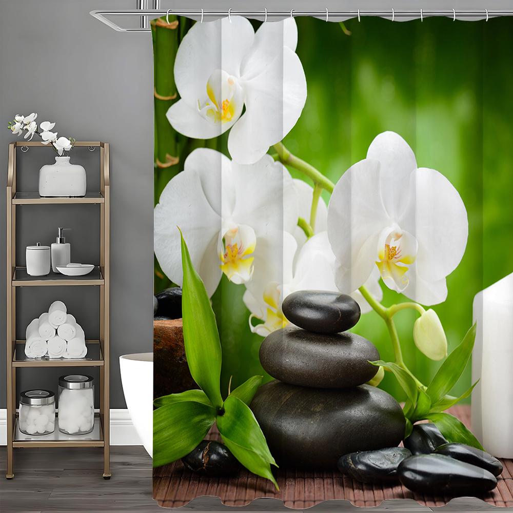 

Зен Белая Орхидея-Бабочка Черный Камень Занавеска для Душа, Декоративная Занавеска для Душа для Ванной, Водонепроницаемая Занавеска для Душа с Крючками 180*180cm