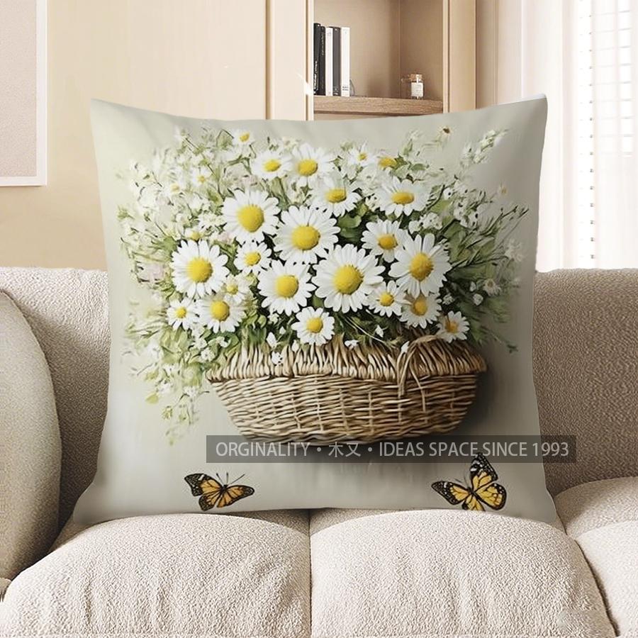 Home Decor Vintage Car With Daisy Basket Throw Pillow Pattern Cushion Cover Suitable For Sofa Bedroom Car Pillow Cover