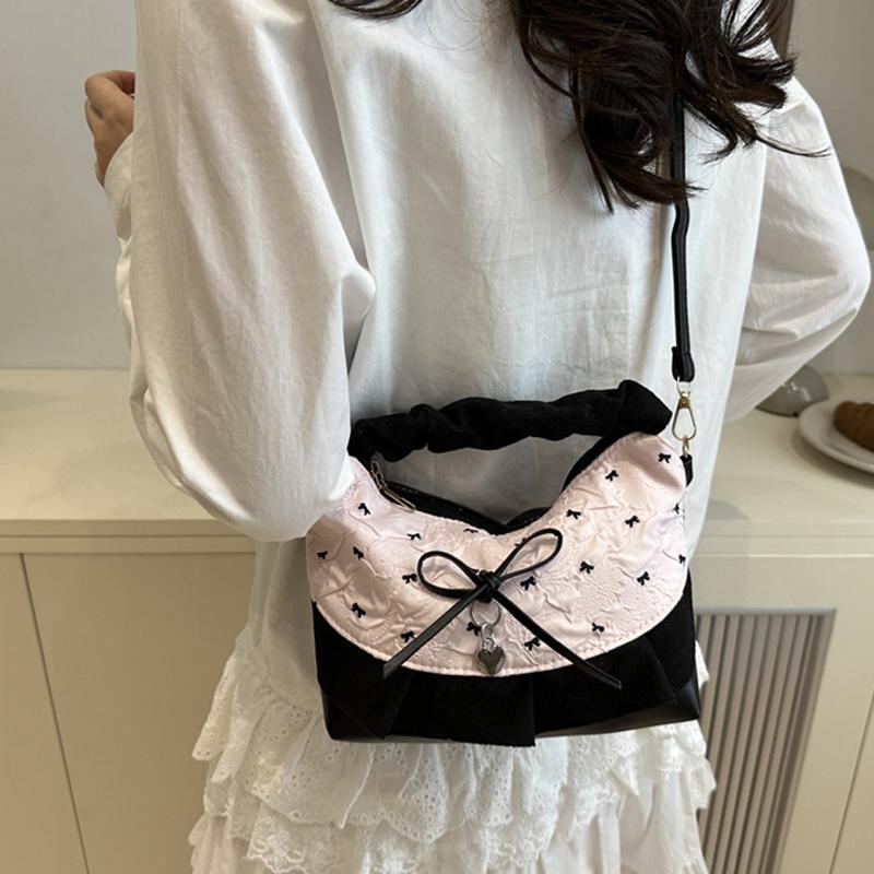 New Lace Plaid Patchwork Handbag French Bow Underarm Bag Small Versatile Cute Sweet Canvas Shoulder Bag Fashion Crossbody Bag