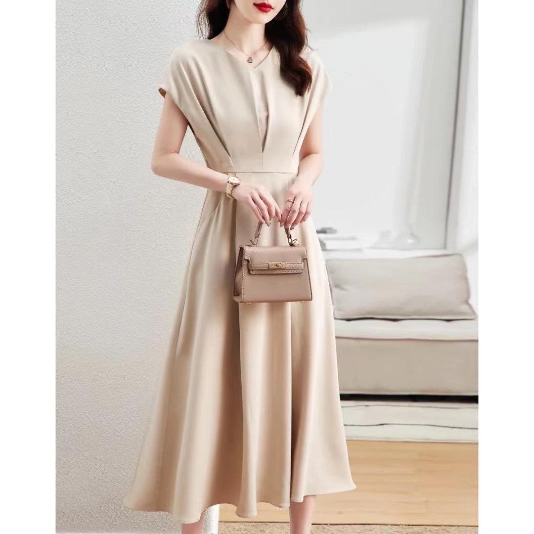 Women s V Neck Cap Sleeve Midi A Line Dress Slim Fit Elegant Commute Satin Dress S