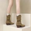 Thick Heel Wide Boots Western Boots High Heel Martin Boots Pointed Suede Belt Buckle Medium Boots Women's Autumn and Winter European and American R