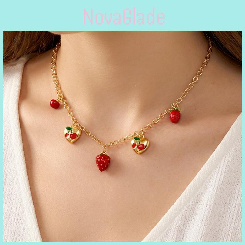 Summer Fashion Heart Cherry Fruit Pendant Necklace With Adjustable Chain For Women