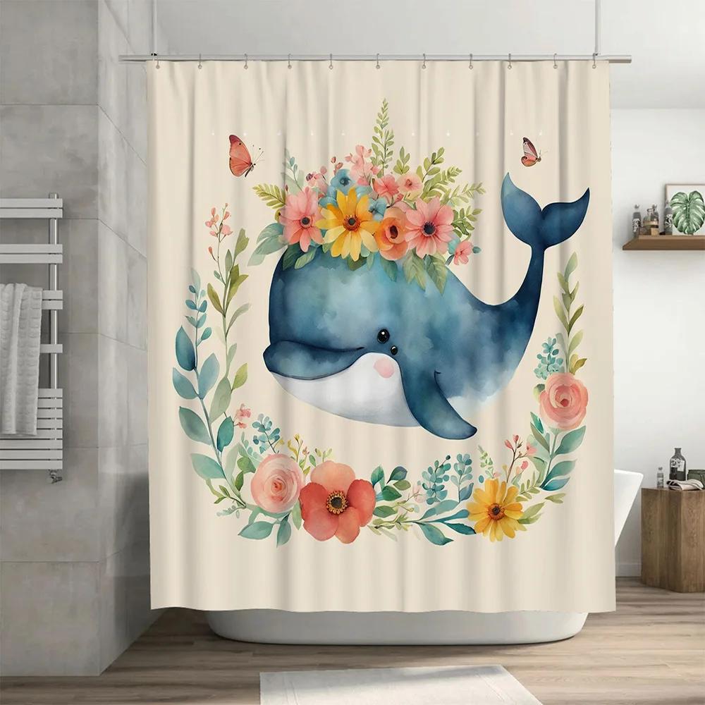 Blue Whale Shower CurtainFloral Butterfly Design for Bathroom Decoration Watercolor Blue Whale Bathing Room Curtain with Orange