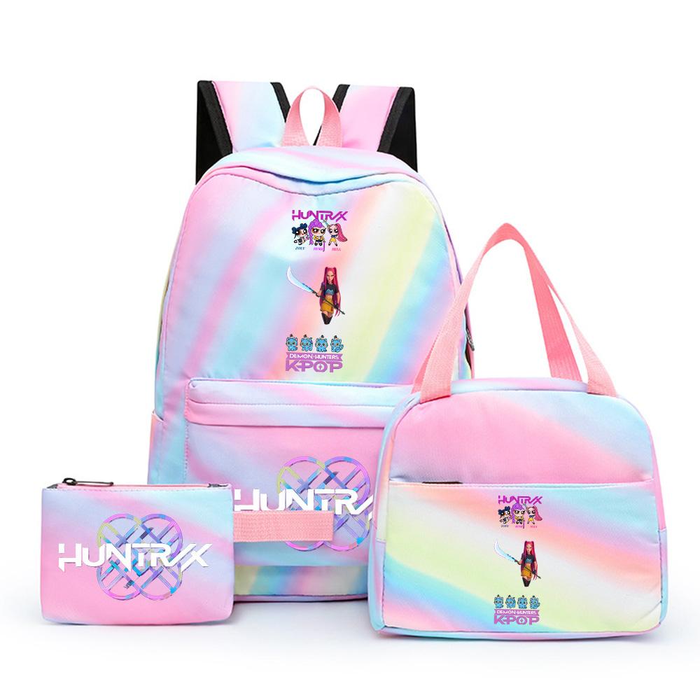 3Pcs/set Cartoon Demon Hunters Printed Backpack with Lunch Bag Pencil Case for Teenager Girl Boy Large Capacity Waterproof Bookbag Gift Mochila