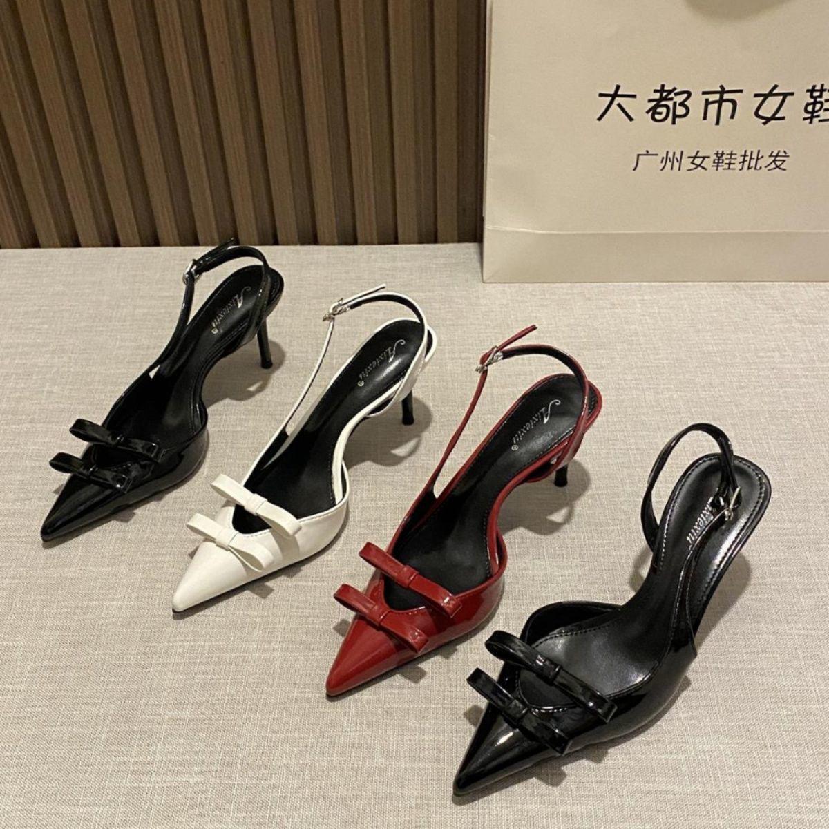 

2025 early spring new products hollow shallow mouth women s shoes bow decoration pointed high heels temperament thin heel sandals women 40 красный