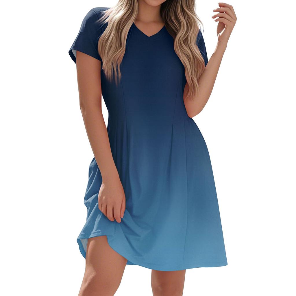 Women's Fashion Casual Short-sleeved V-neck Gradual Print Home Holiday Casual Dress