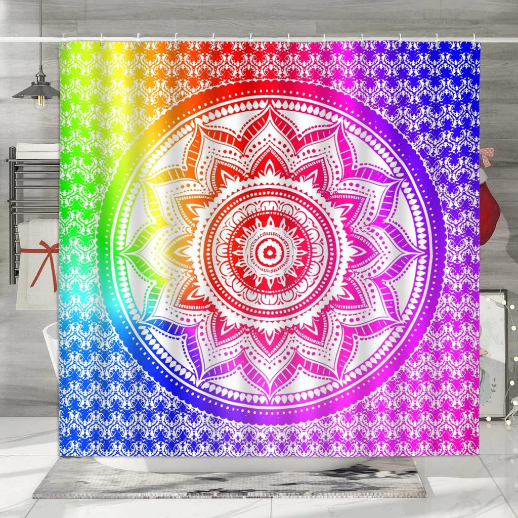 Bohemian 3D Shower Curtain, Indian Mandala Flower Green Blue Chic Color Modern Pattern Bathroom Fabric Home Decor Shower Curtain