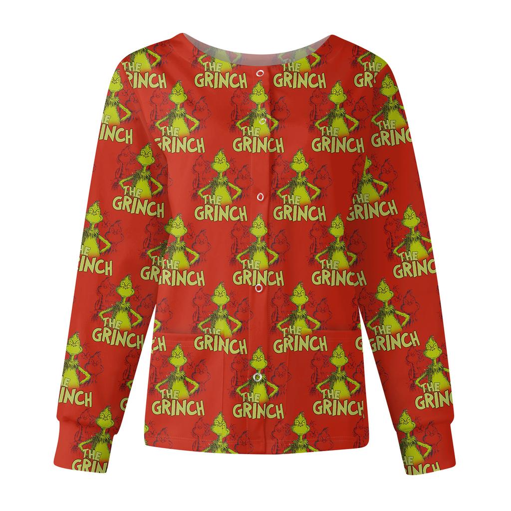 Women's Casual Fashion Long Sleeve Standing Collar Single Breasted Christmas Print Workwear Jacket Tops