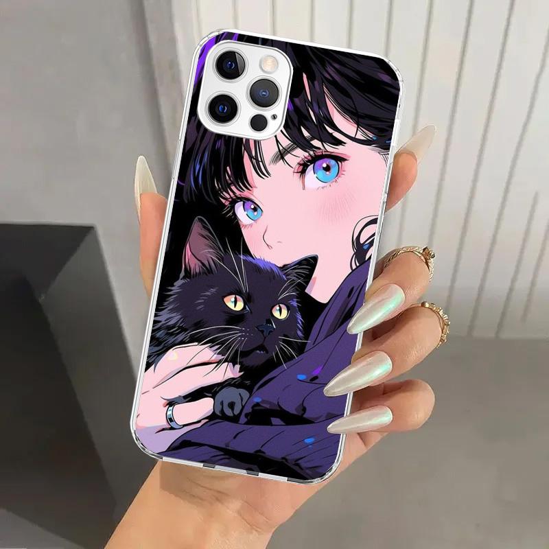 Anime Girls Cute Black Cat Phone Case for Iphone 17 Air 16 15 Plus 14 13 Mini 12 11 Pro Max 16E 7 8 SE 2020 Soft Funda Print She