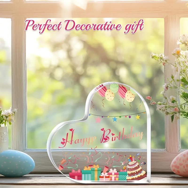 1pc Heart-Shaped Birthday Acrylic Plaque - Table Centerpiece with Pink "Happy Birthday" Cursive Lettering, Balloons & Cake Cutouts