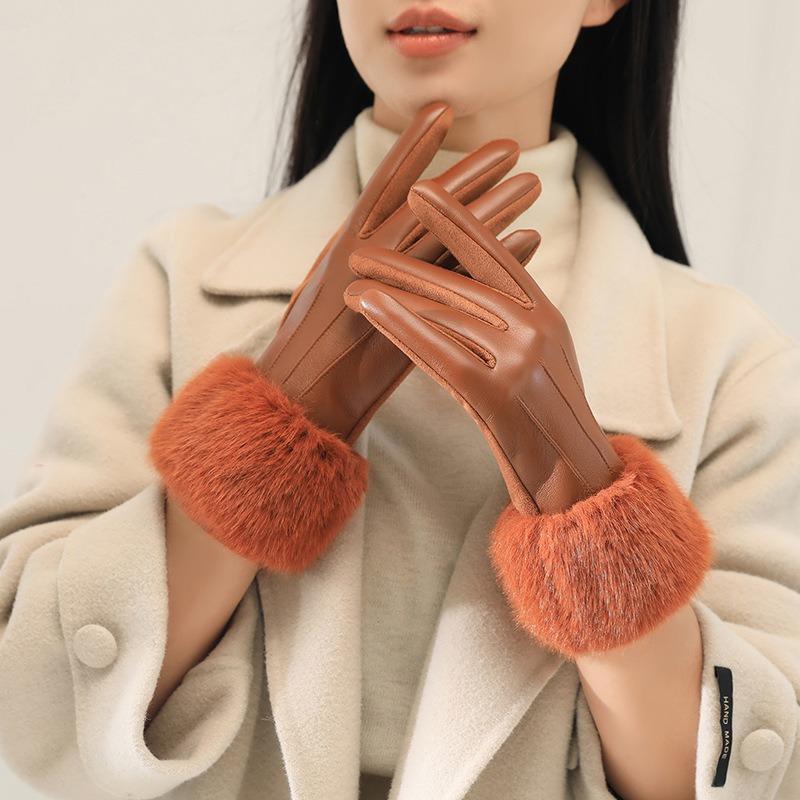 Imitation Mink Hair Mouth Leather Gloves Women'S Autumn And Winter Cold And Windproof Soft Velvet Warm Outdoor Riding Touch Screen Gloves