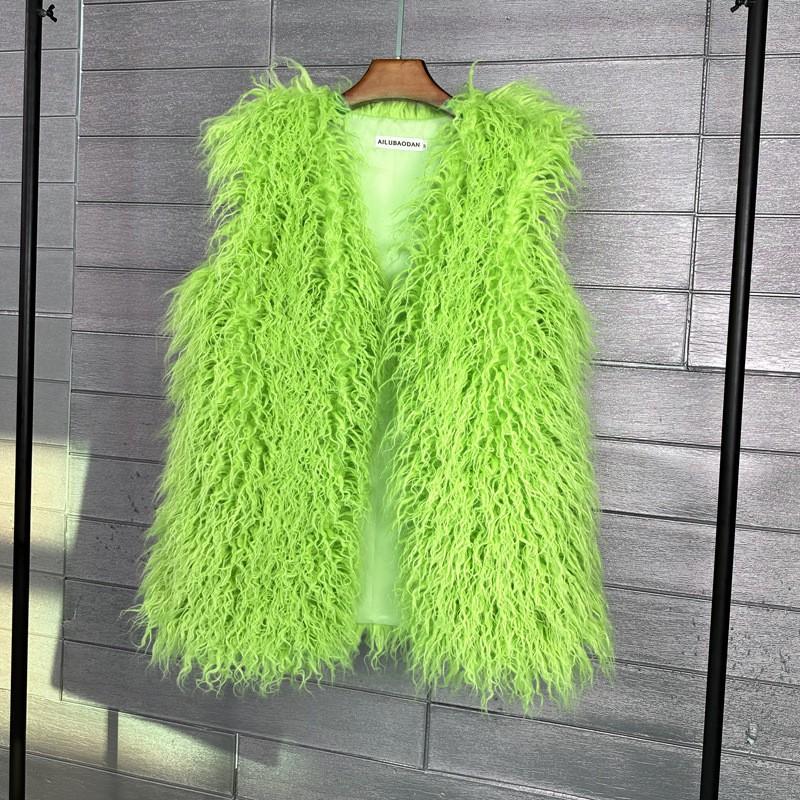Plus Size Faux Shearling Vest Mid-Length Fur Coat Warm Sleeveless Jacket Women