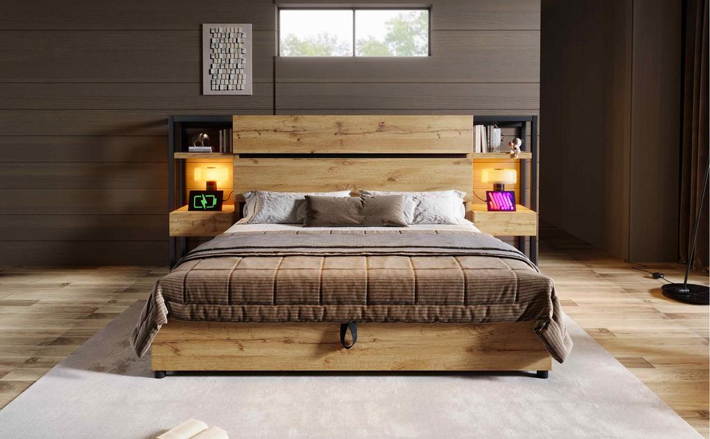 Wooden double bed 160×200cm, hydraulic bed, headboard with drawers and USB & Type-C charging port, frame with wooden slats, oak color (with mattress)