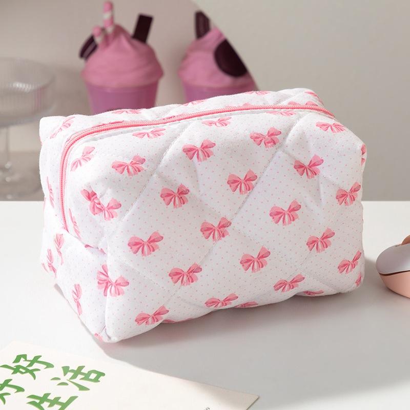 Pink Bow Cosmetic Bag Zipper Makeup Organizer Portable Cosmetic Storage Bag for Women Travel Toiletry Bag Handbag