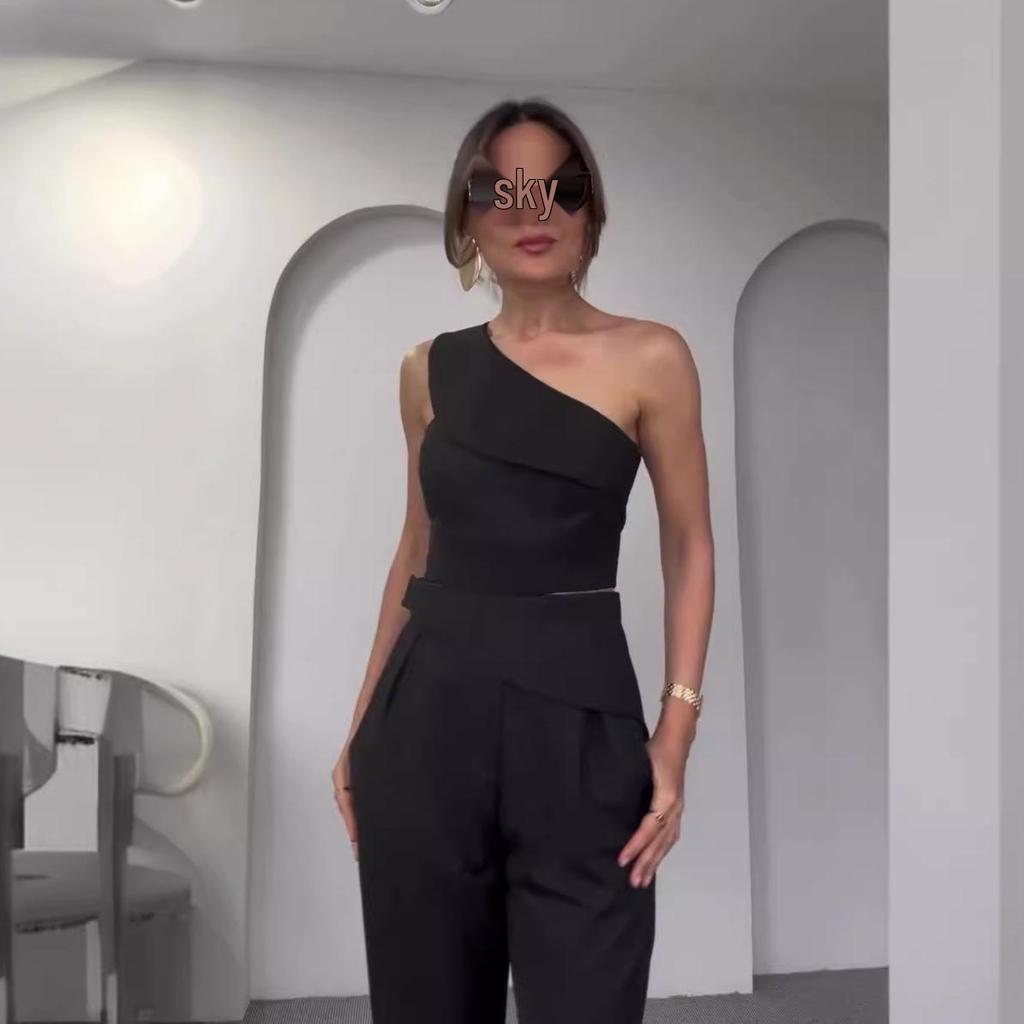 2024 Sommar Dam Enfärgad Off-Shoulder Topp och Högmidjad Byxset med Raka Ben