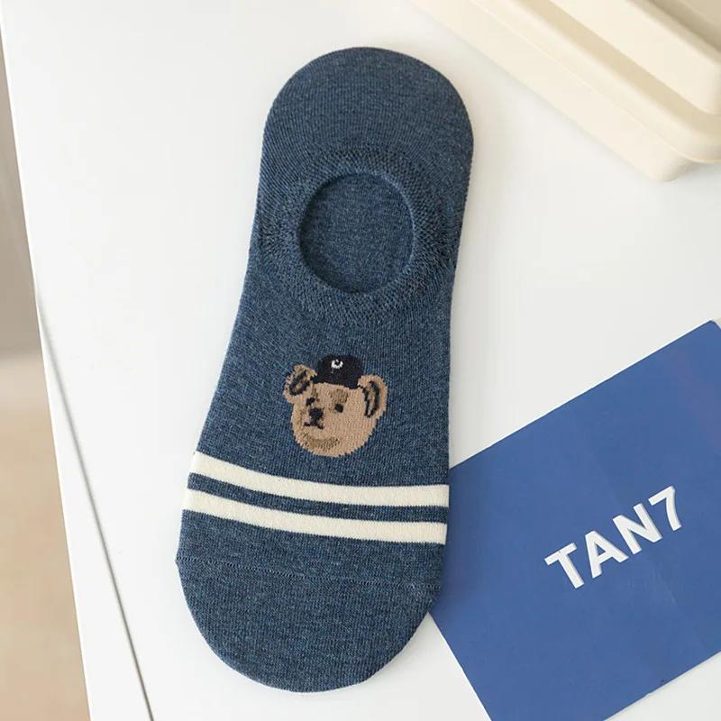 5 Paar/Charge Mode Herren Bootssocken rutschfest transparentes Silikon Baumwolle Knöchelslipper Cartoon Bär Sommer Herbst Socken