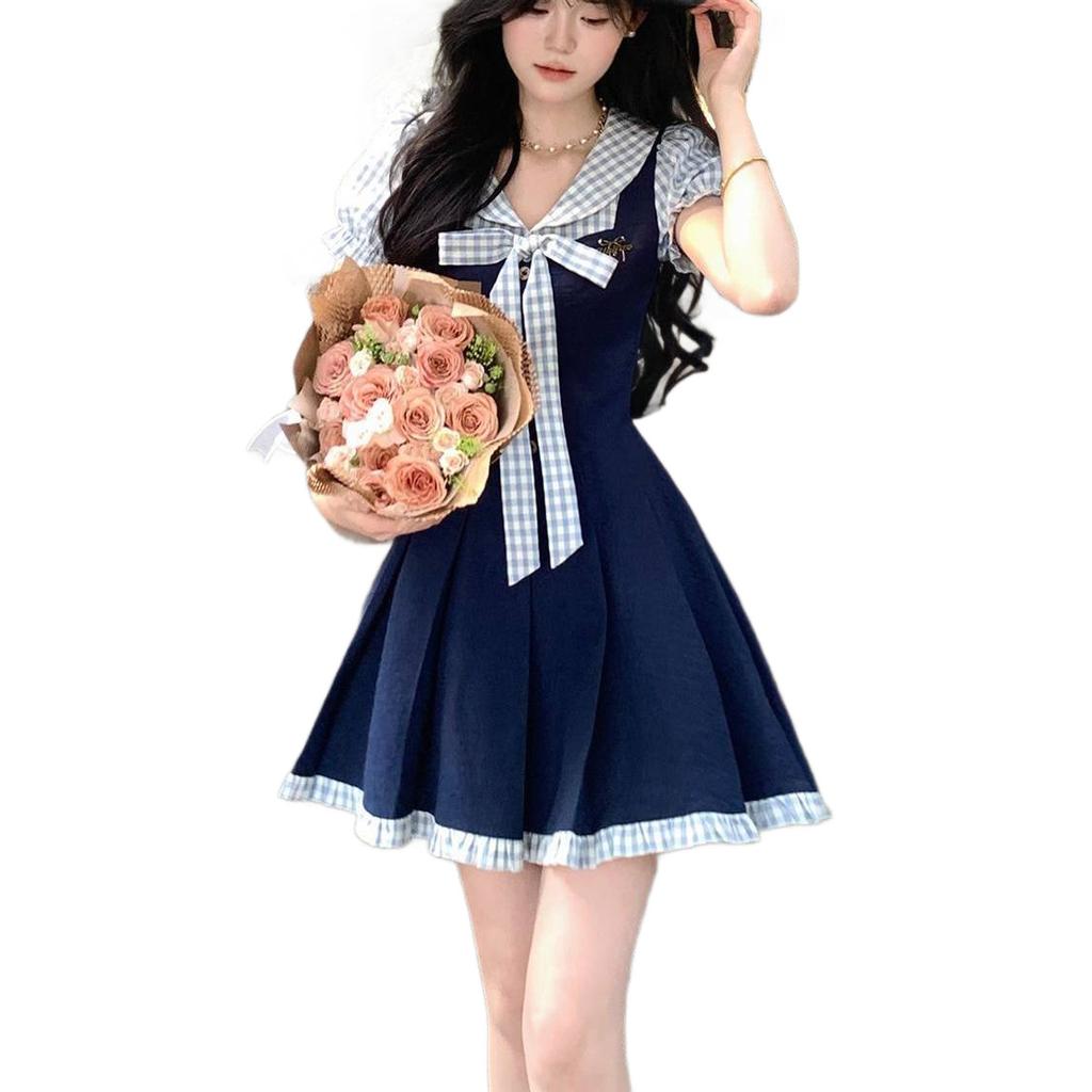 Summer new academic style fashion age reduction design bow fake two-piece dress female student A-shaped dress
