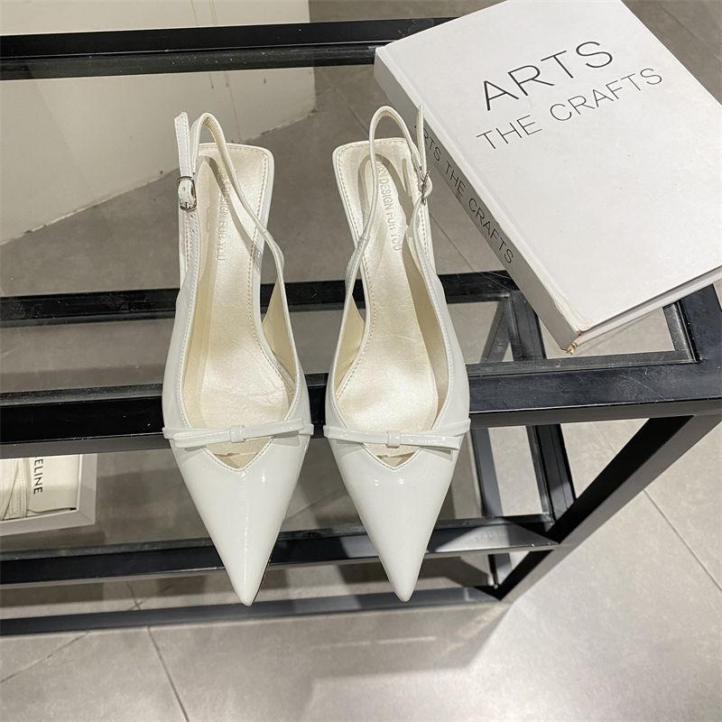 Pointed High Heels Niche Temperament Single Shoes Women's 2025 New Patent Leather Bow Sweet Thin Middle Heel Bag Head Sandals
