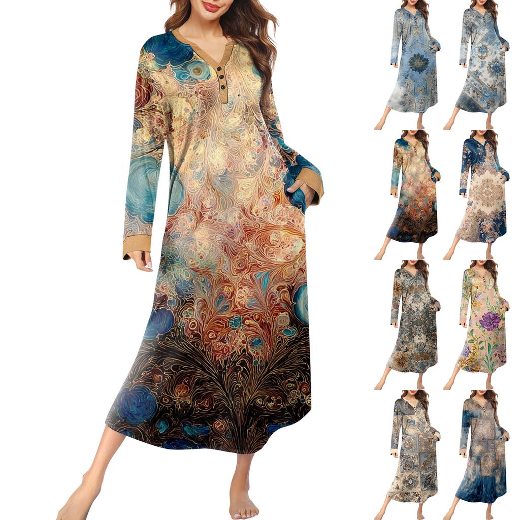 Dámská noční košile dlouhá společenská V-výstřih noční košile s kapsami