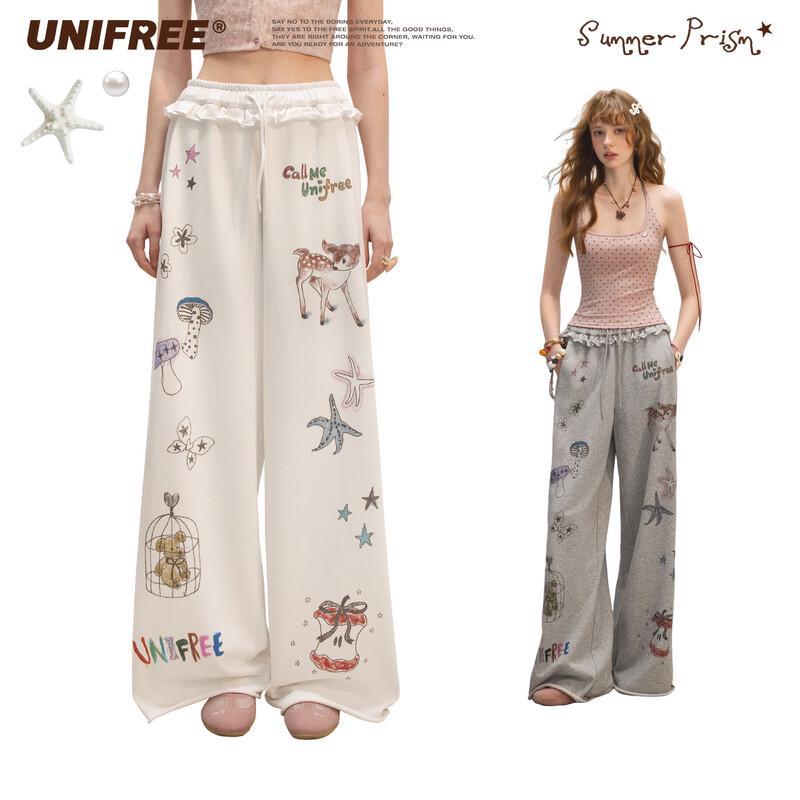 UNIFREE Playful Print Ruffle Wide-Leg Casual Pants L