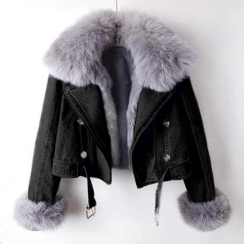 Detachable Faux Fox Fur Rabbit Fur Inner Lining Denim Jacket Women's Short Top Female Warm Parker Outwear