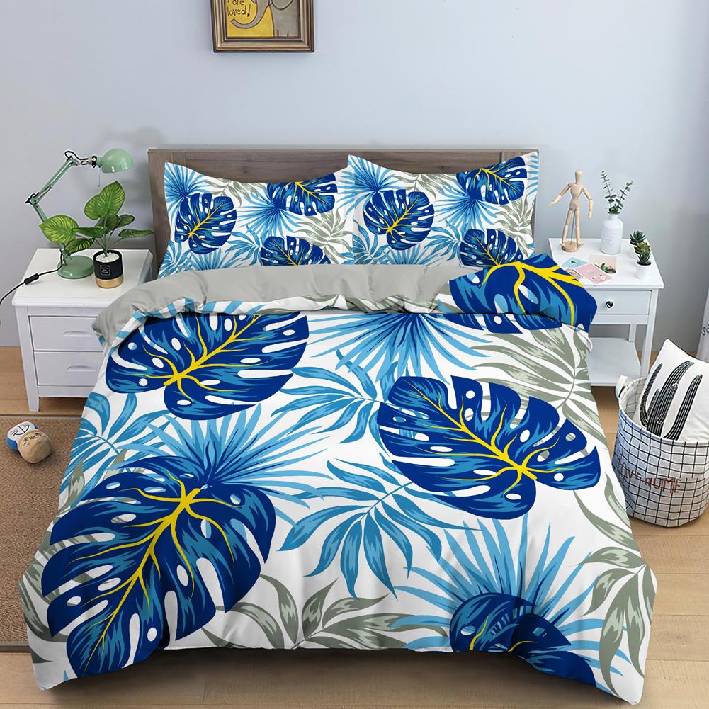Tropical Leaves Butterfly Printed Duvet Cover Bedding Sets With Pillow Case Luxury Polyester Bedspread Queen/King Size Gift Blue