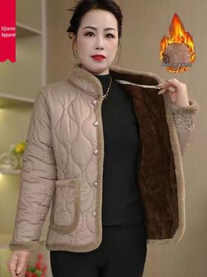 2025 A/W Stand-up Collar Plus Velvet Cotton Jacket for Middle-aged Mothers, Versatile, Warm, and Stylish
