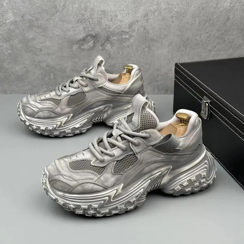 Chunky Sneakers Men Designer Tire Bottom Sport Shoes Fashion Casual Leather Mesh Breathable Height Increased Flat Platform Shoes