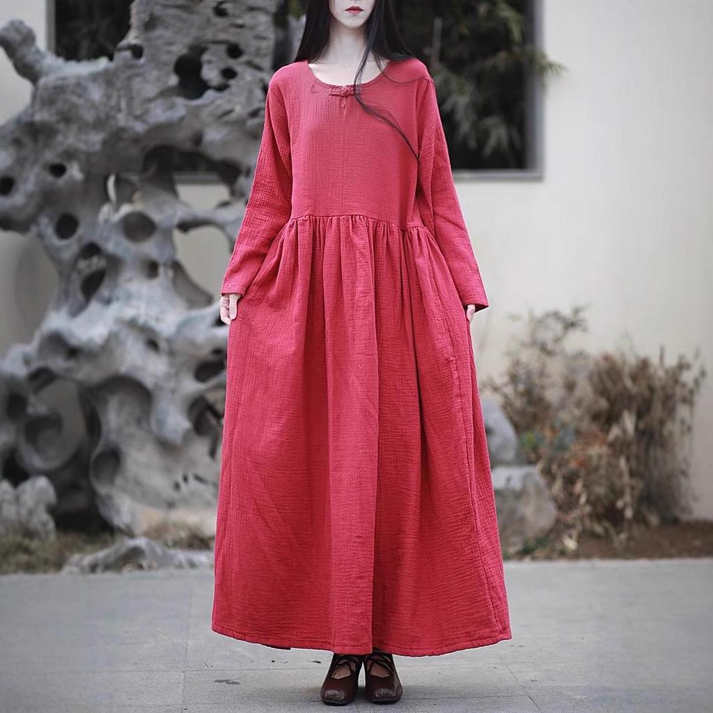 Women's Double-Layer Cotton and Linen Retro Long Dress - Cool, Gentle Style, Available In 4 Colors