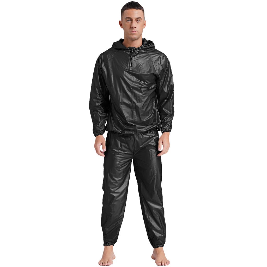 S-4XL Tuta da Sauna Sudorazione Uomo Manica Lunga Giacca con Cappuccio con Pantaloni a Vita Elastica PVC Allenamento Palestra Outfit