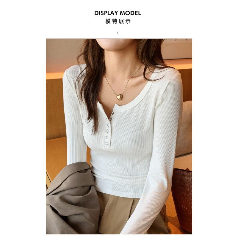Women Long Sleeve Round Neck Slim Fit Button Casual Base T Shirt