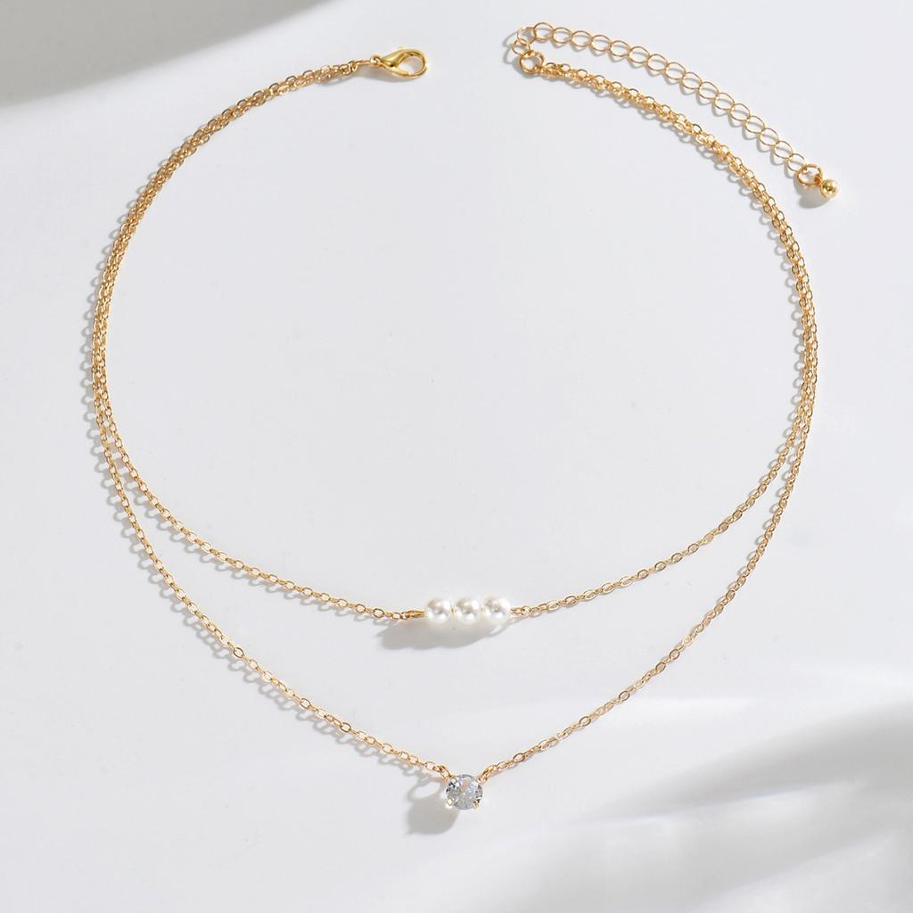 Minimal Double Layer Pearl Zircon Necklace, Gold White Trendy Clavicle Chain Wholesale