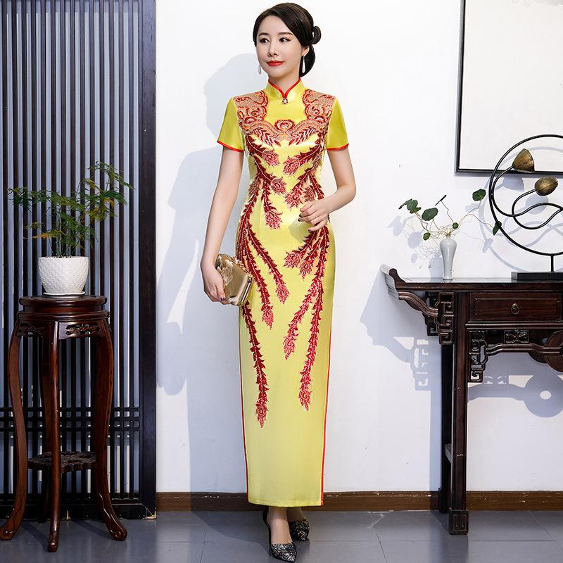 Cheongsam podyum havası zarif performans kıyafeti yeni sonbahar ince geliştirilmiş elbise kadın retro cheongsam