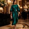 Alltags lässiges Kleid Damen Satin Fledermausärmel Maxikleid, Strassakzent Rundhals Polyester Abendparty A-Linie Formell Hochzeitsgast