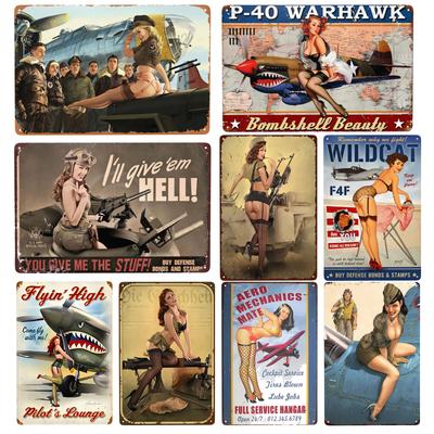 Vintage Armee Pin Up Girl Metallschilder Flugzeug Luftwaffe Mädchen mit Waffen Schild für Garage Bar Man Cave Wanddeko 12x8 Zoll