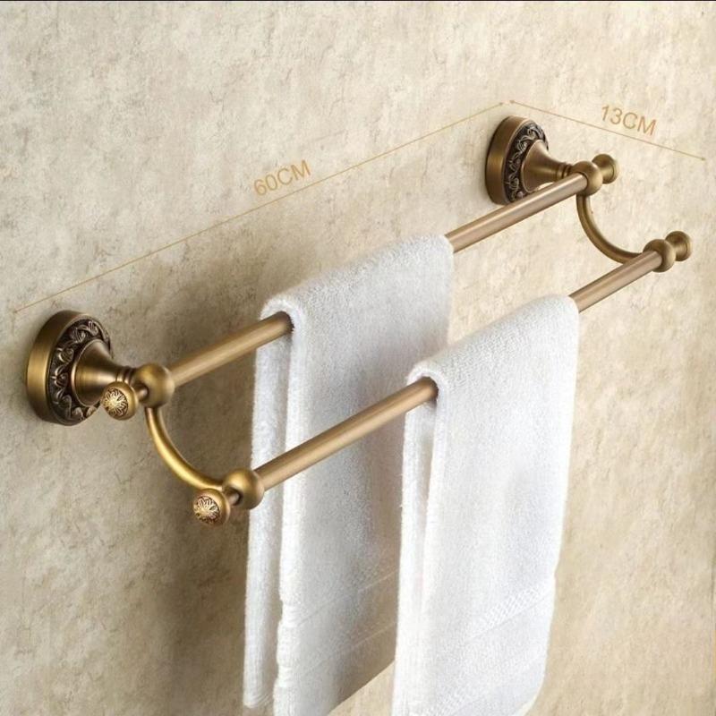 Solid Brass Carved Bathroom Wall Storage Towel Rack, European Antique Bath Towel Holder, Bathroom Hardware Accessory Set