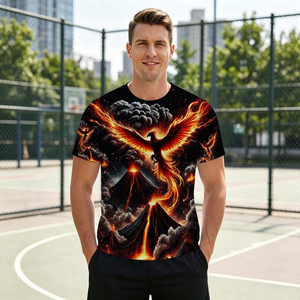 Men's Volcano Phoenix Pattern T-shirt - A perfect gift for friends and elders, comfortable.